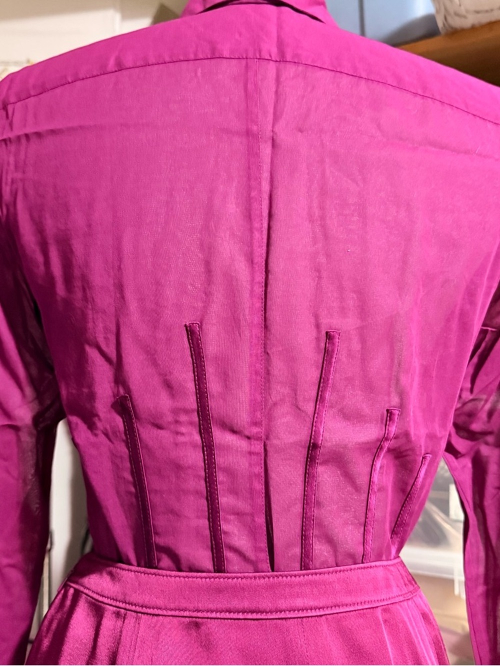 Ann Taylor Hot Pink Satin Long-Sleeve Shirt Dress - Picture 4 of 13